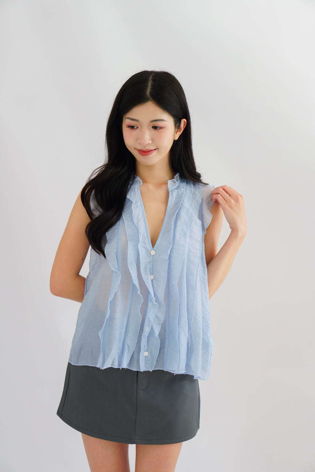 Aline Ruffle V Neck Top in Blue