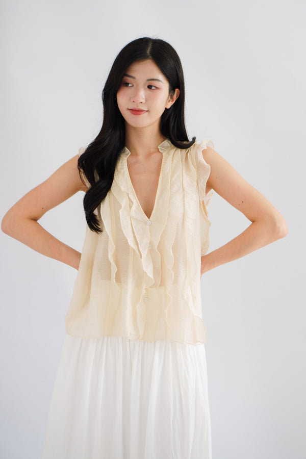 Aline Ruffle V Neck Top in Beige