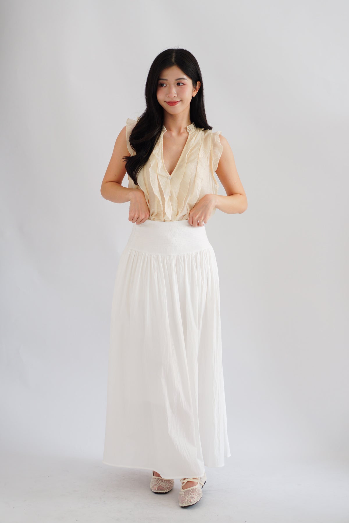 Aline Ruffle V Neck Top in Beige