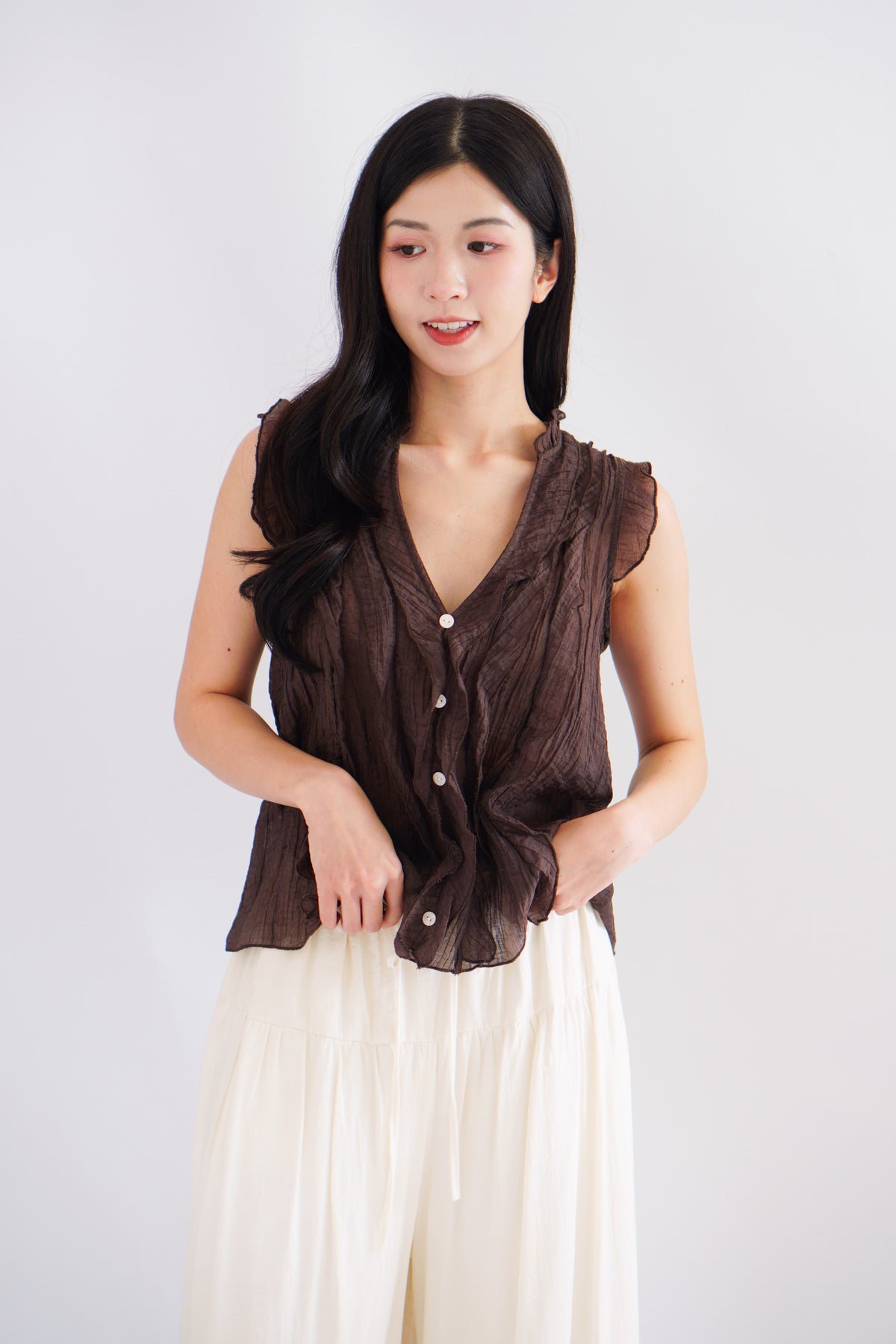 Aline Ruffle V Neck Top in Brown
