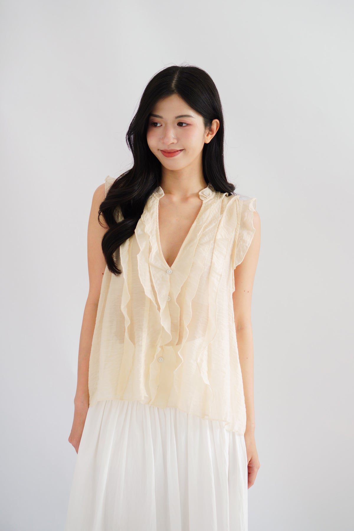 Aline Ruffle V Neck Top in Beige