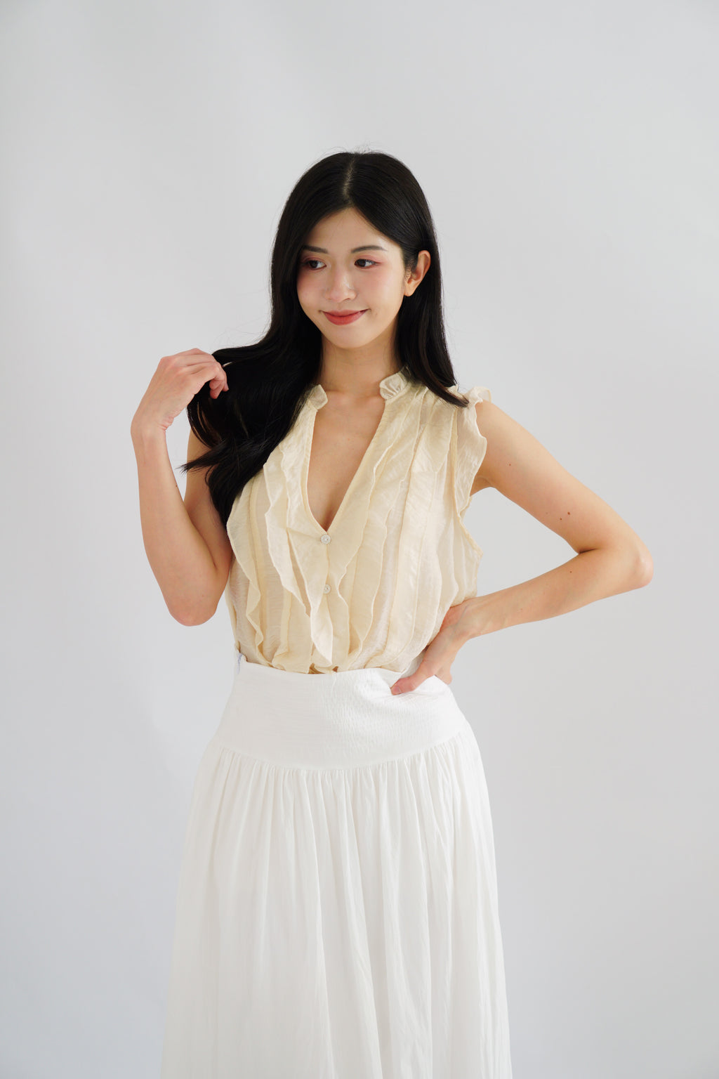 Aline Ruffle V Neck Top in Beige