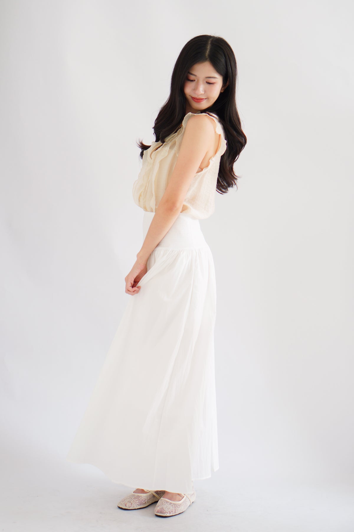 Aline Ruffle V Neck Top in Beige