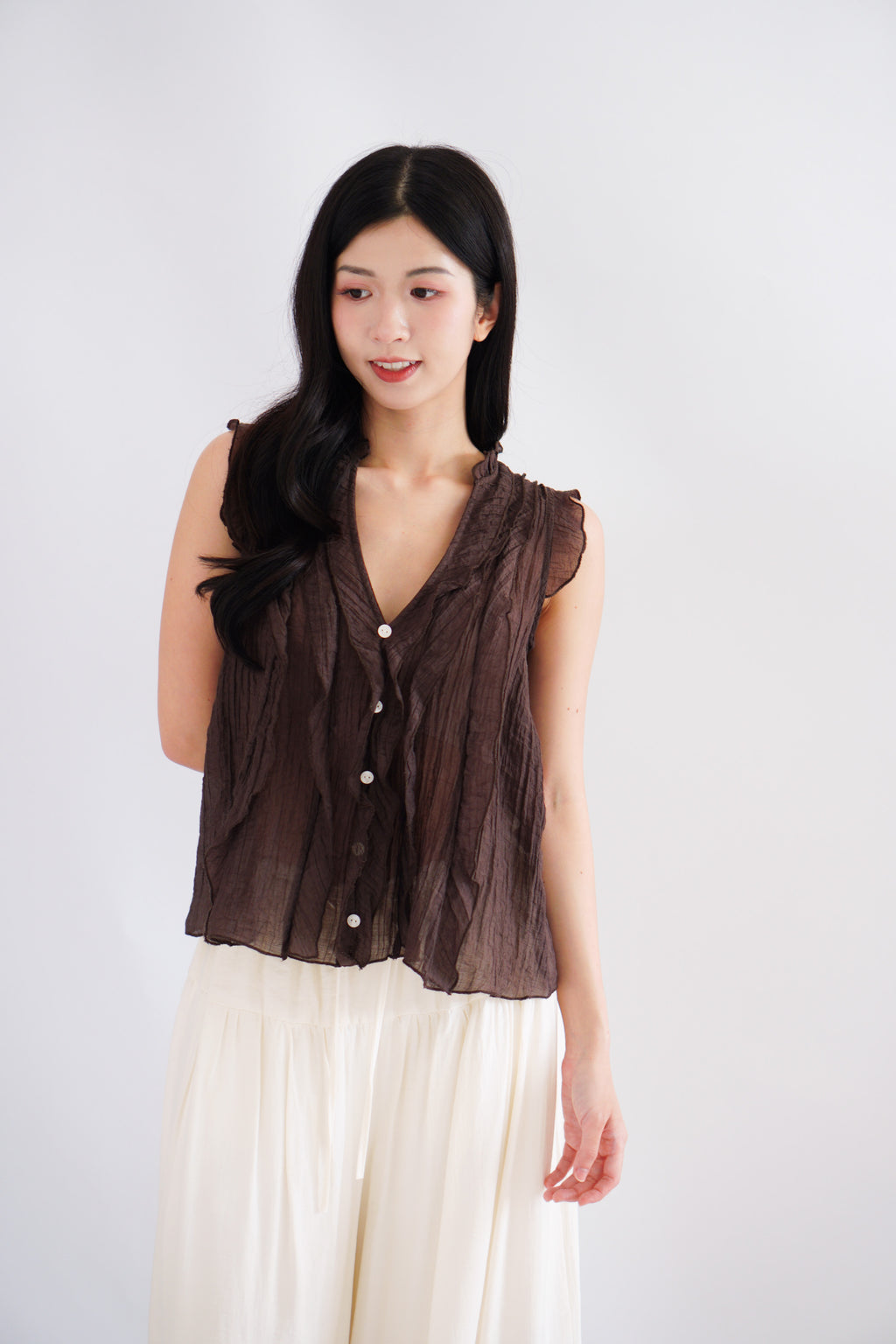 Aline Ruffle V Neck Top in Brown