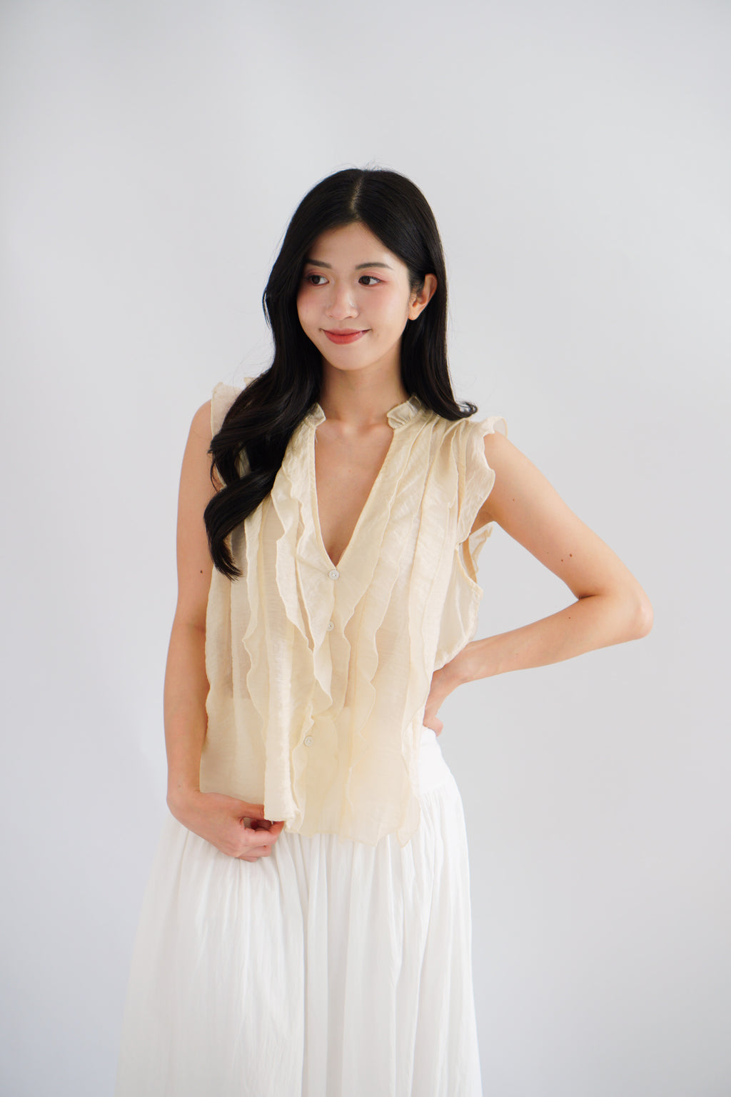 Aline Ruffle V Neck Top in Beige