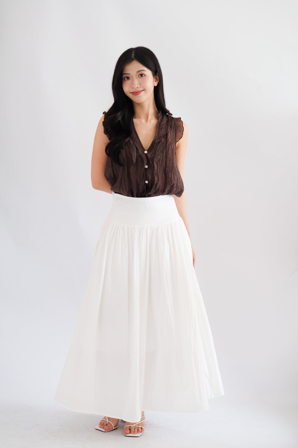 Aline Ruffle V Neck Top in Brown