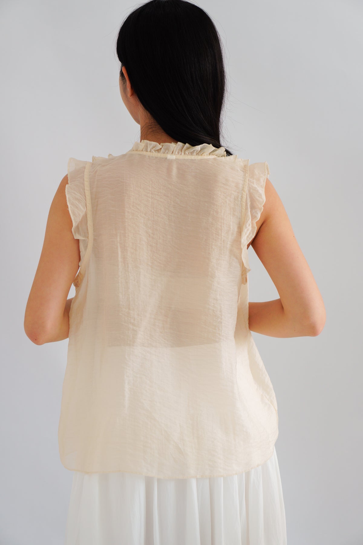 Aline Ruffle V Neck Top in Beige