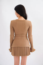 Seona Knit Button Down Pleated Skirt Set in Khaki