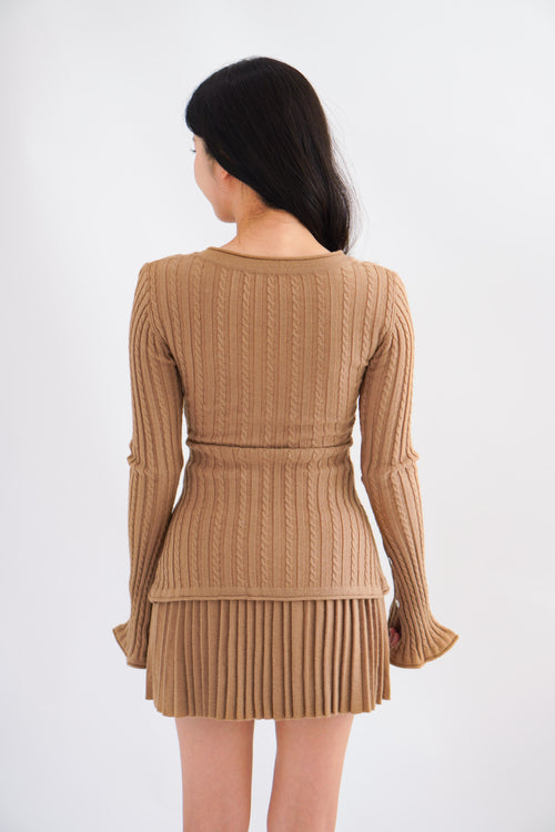 Seona Knit Button Down Pleated Skirt Set in Khaki