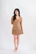 Seona Knit Button Down Pleated Skirt Set in Khaki