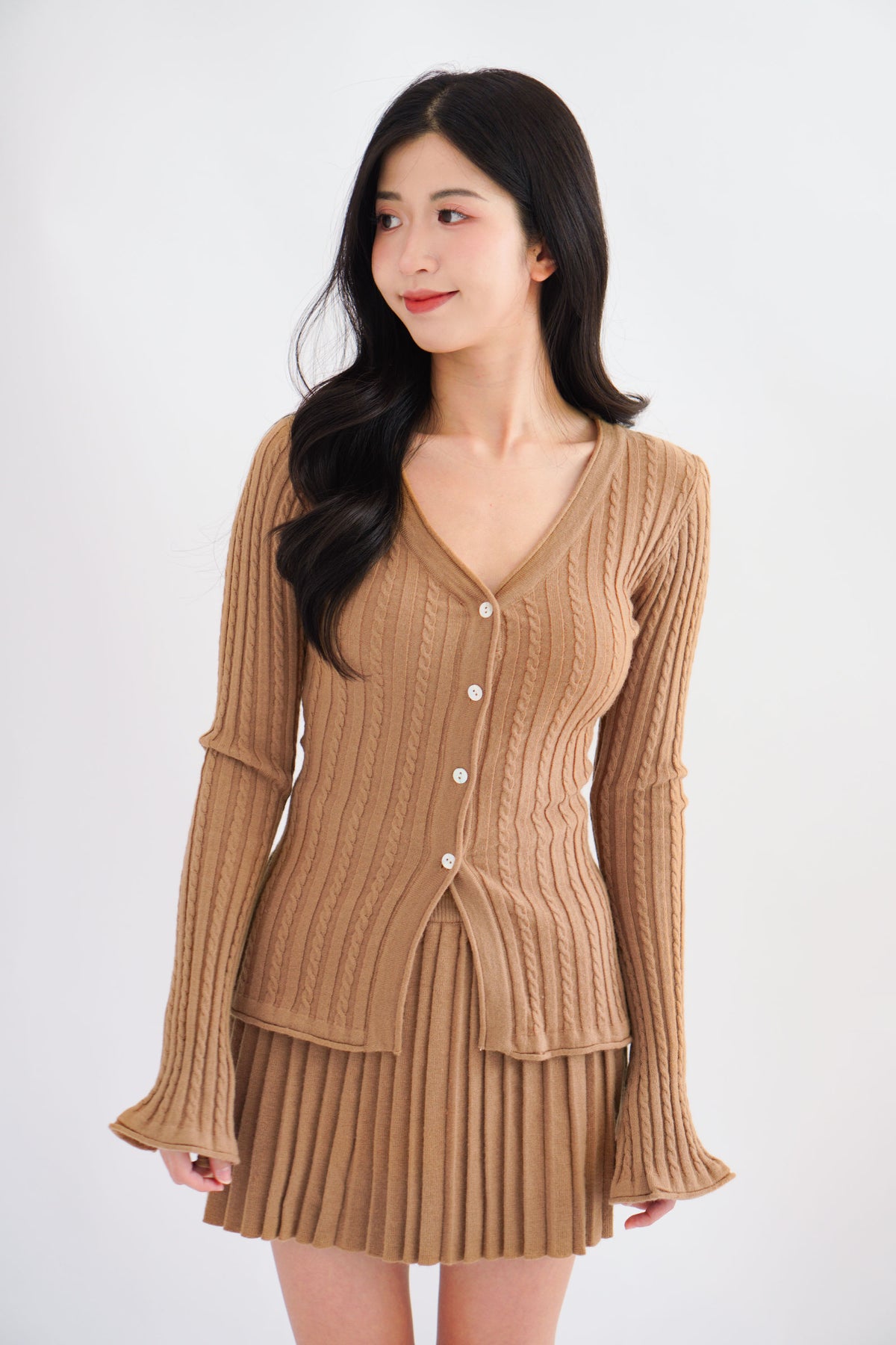 Seona Knit Button Down Pleated Skirt Set in Khaki