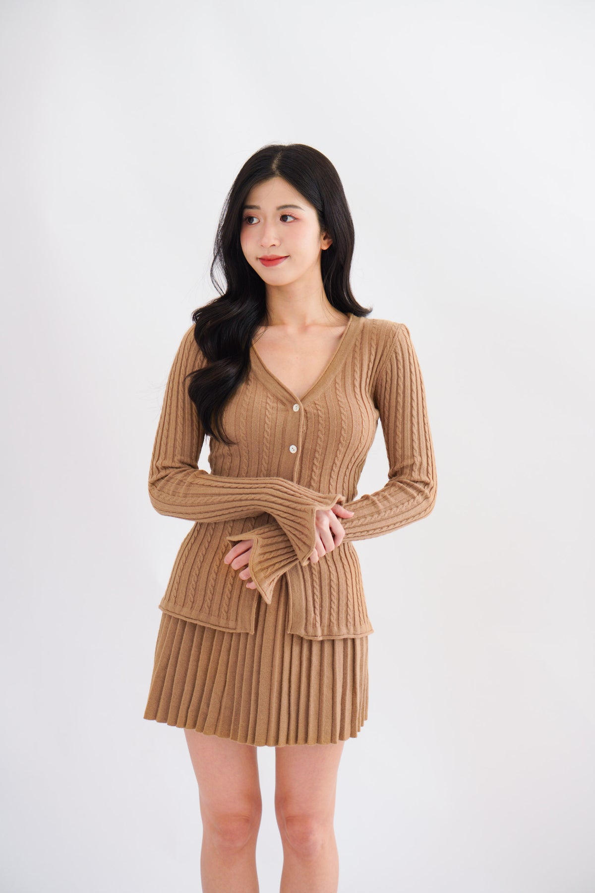 Seona Knit Button Down Pleated Skirt Set in Khaki