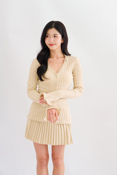 Seona Knit Button Down Pleated Skirt Set in Beige