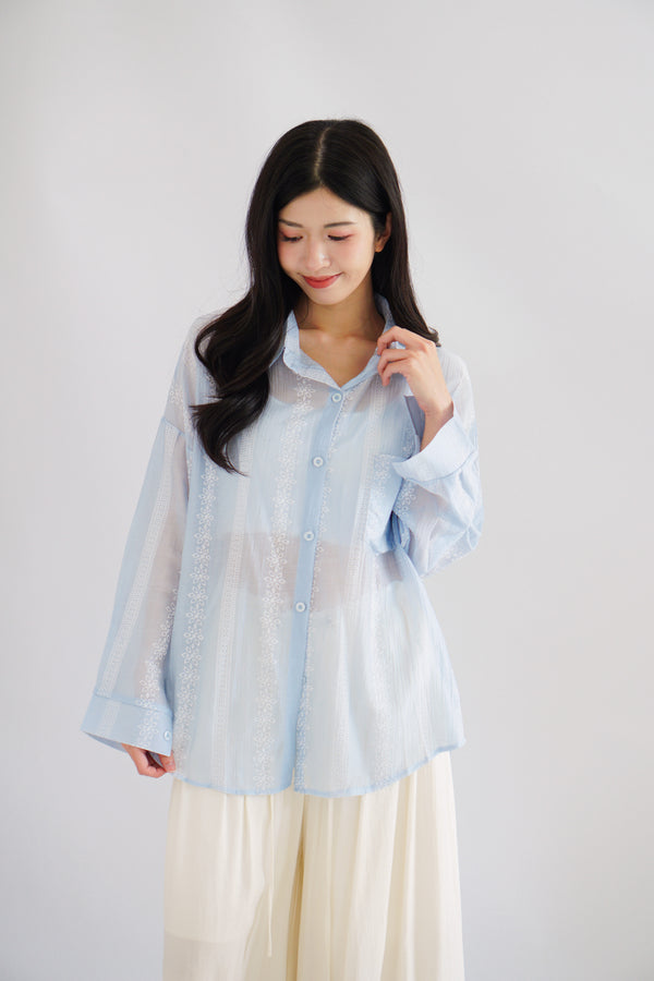 Summer Called Eyelet Embroidery Button Down Top in Blue