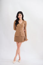 Seona Knit Button Down Pleated Skirt Set in Khaki