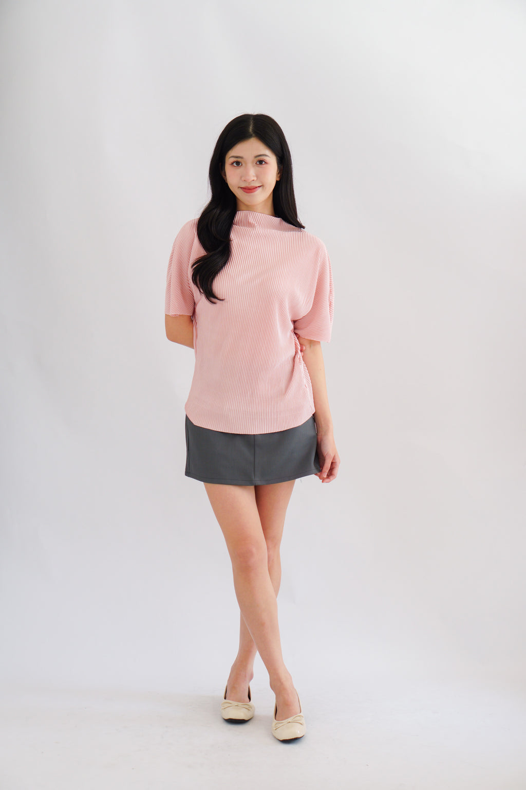 Maureen Pleated High Neck Top in Pink