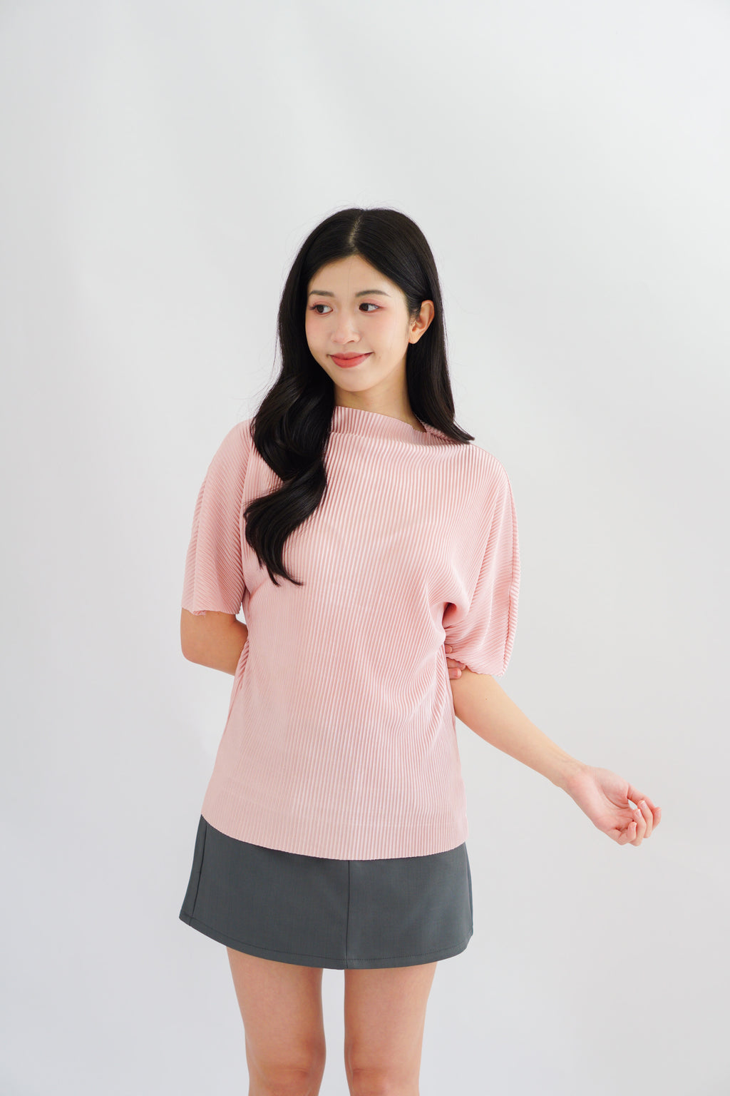Maureen Pleated High Neck Top in Pink