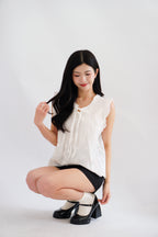 Nerene Ribbon Pleated Eyelet Lace Babydoll Top in White