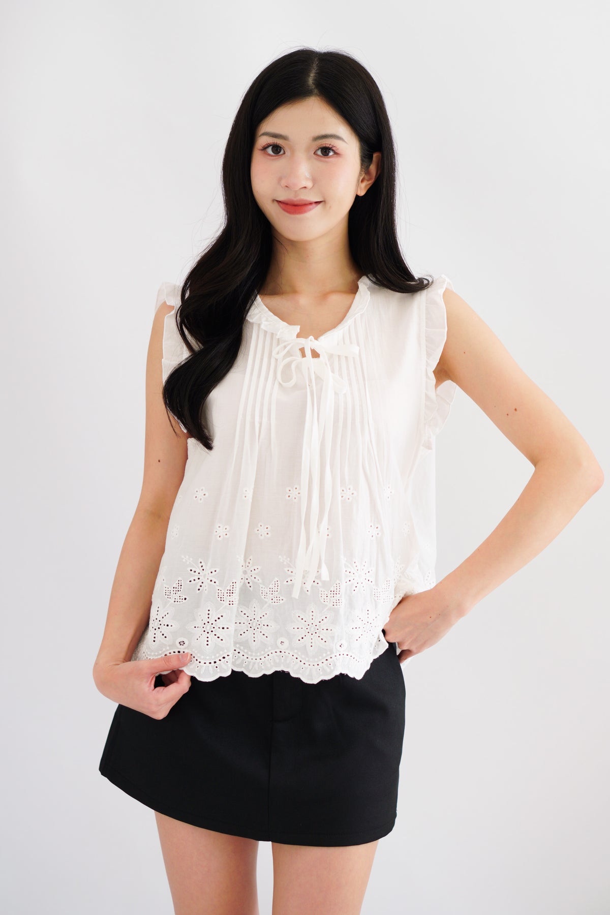 Nerene Ribbon Pleated Eyelet Lace Babydoll Top in White