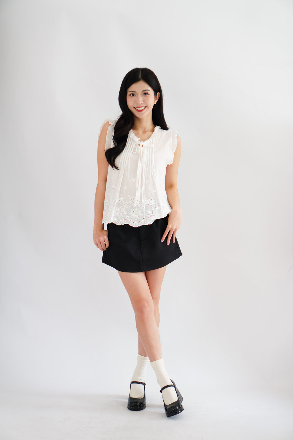 Nerene Ribbon Pleated Eyelet Lace Babydoll Top in White