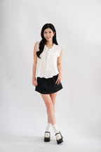 Nerene Ribbon Pleated Eyelet Lace Babydoll Top in White