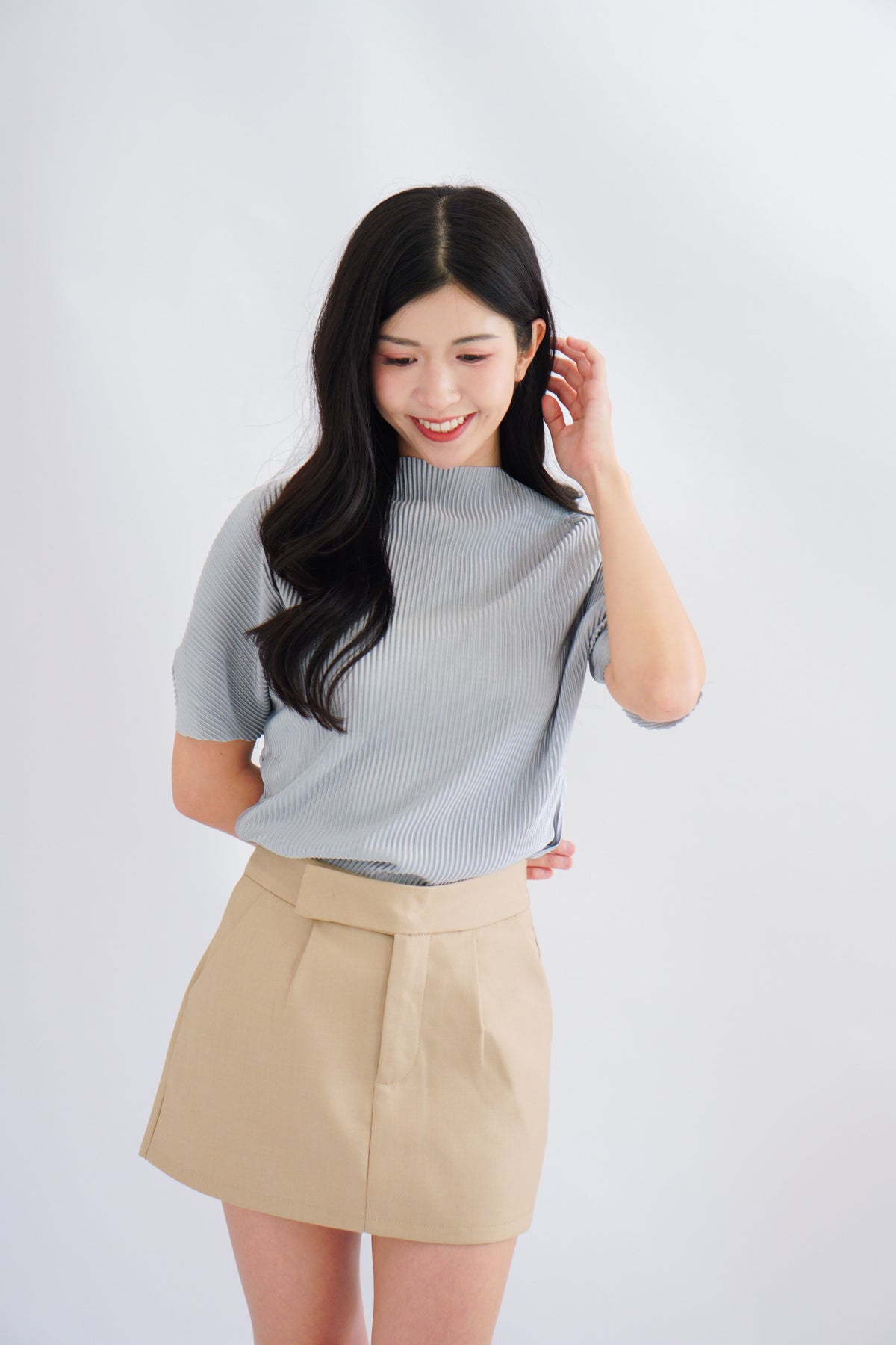 Maureen Pleated High Neck Top in Grey