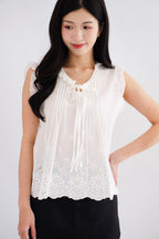 Nerene Ribbon Pleated Eyelet Lace Babydoll Top in White