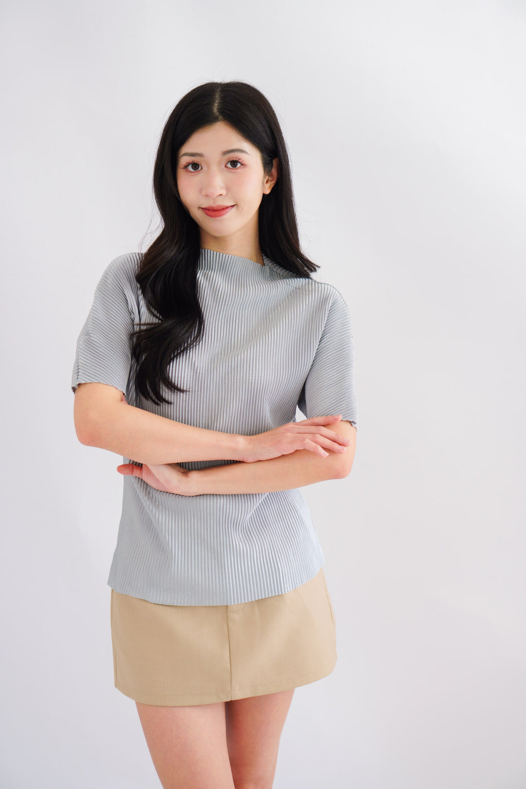 Maureen Pleated High Neck Top in Grey