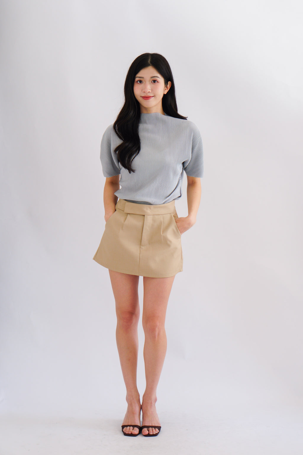 Maureen Pleated High Neck Top in Grey