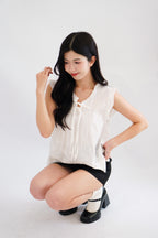 Nerene Ribbon Pleated Eyelet Lace Babydoll Top in White