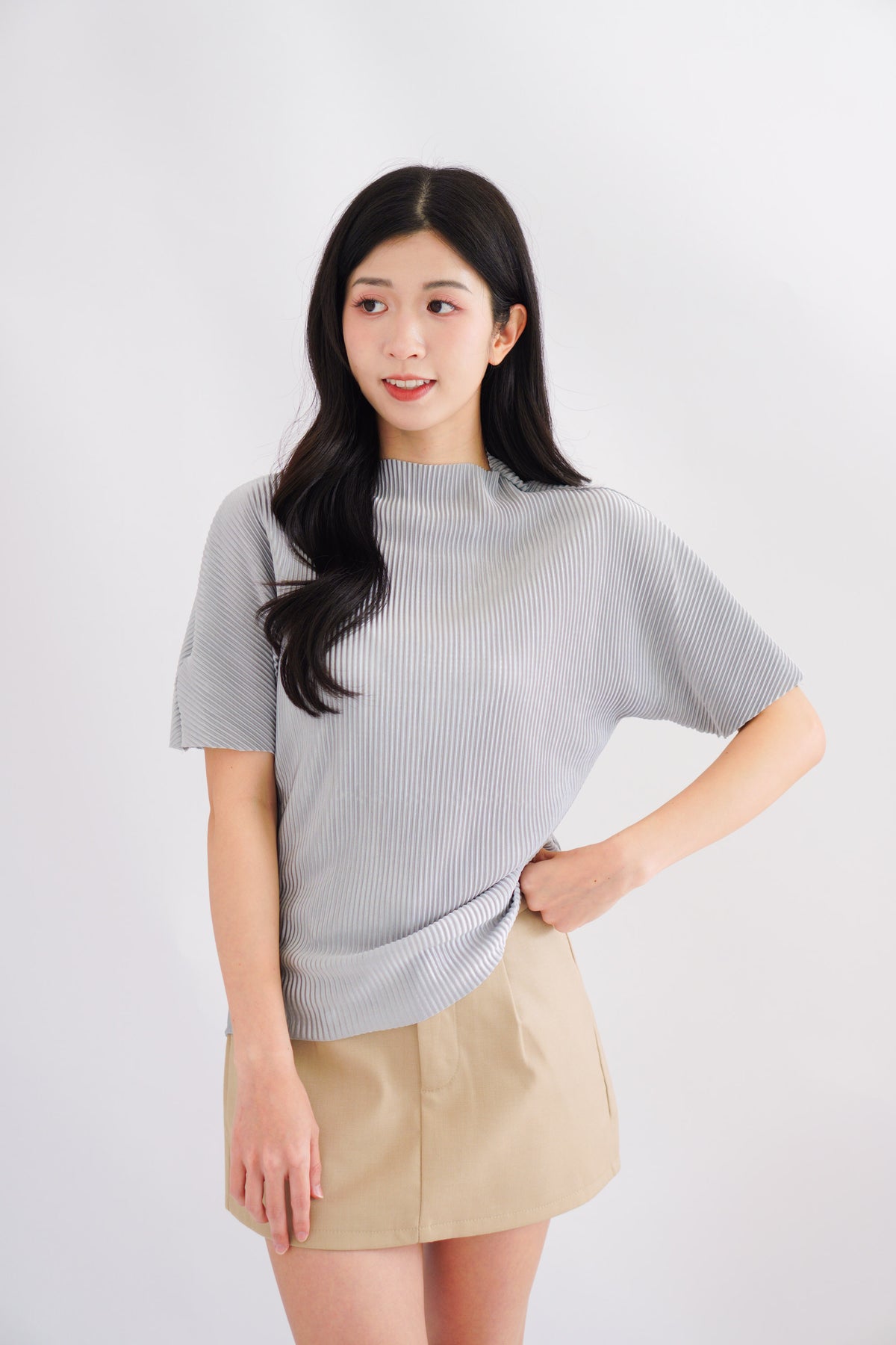 Maureen Pleated High Neck Top in Grey
