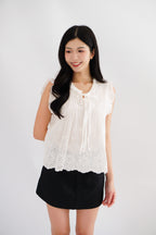 Nerene Ribbon Pleated Eyelet Lace Babydoll Top in White