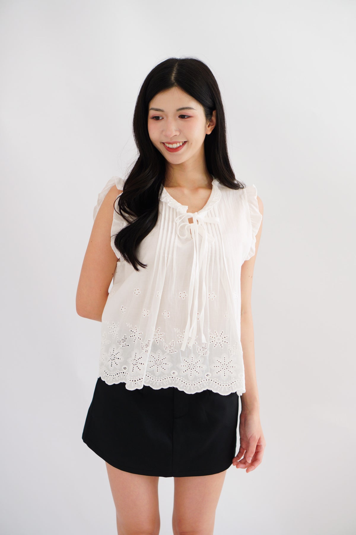 Nerene Ribbon Pleated Eyelet Lace Babydoll Top in White