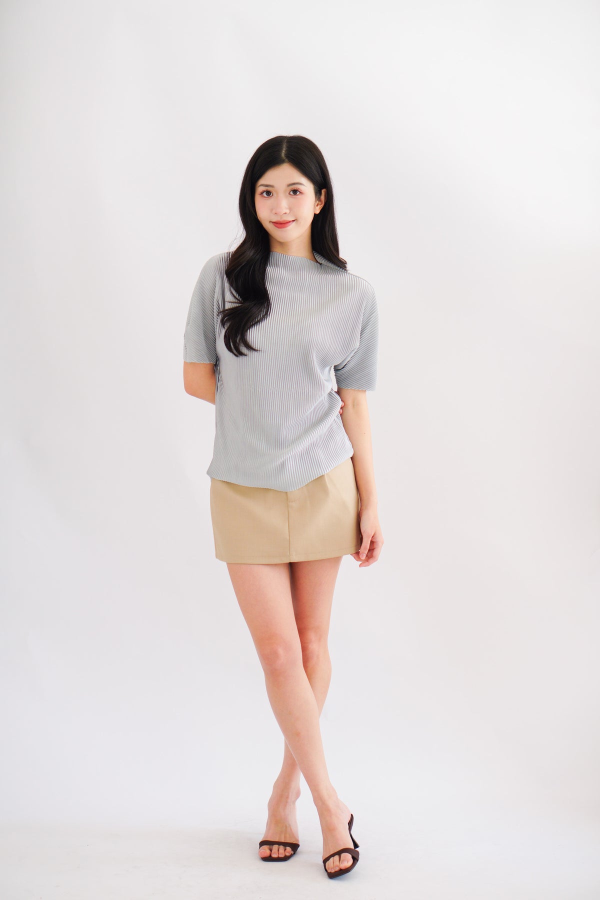 Maureen Pleated High Neck Top in Grey