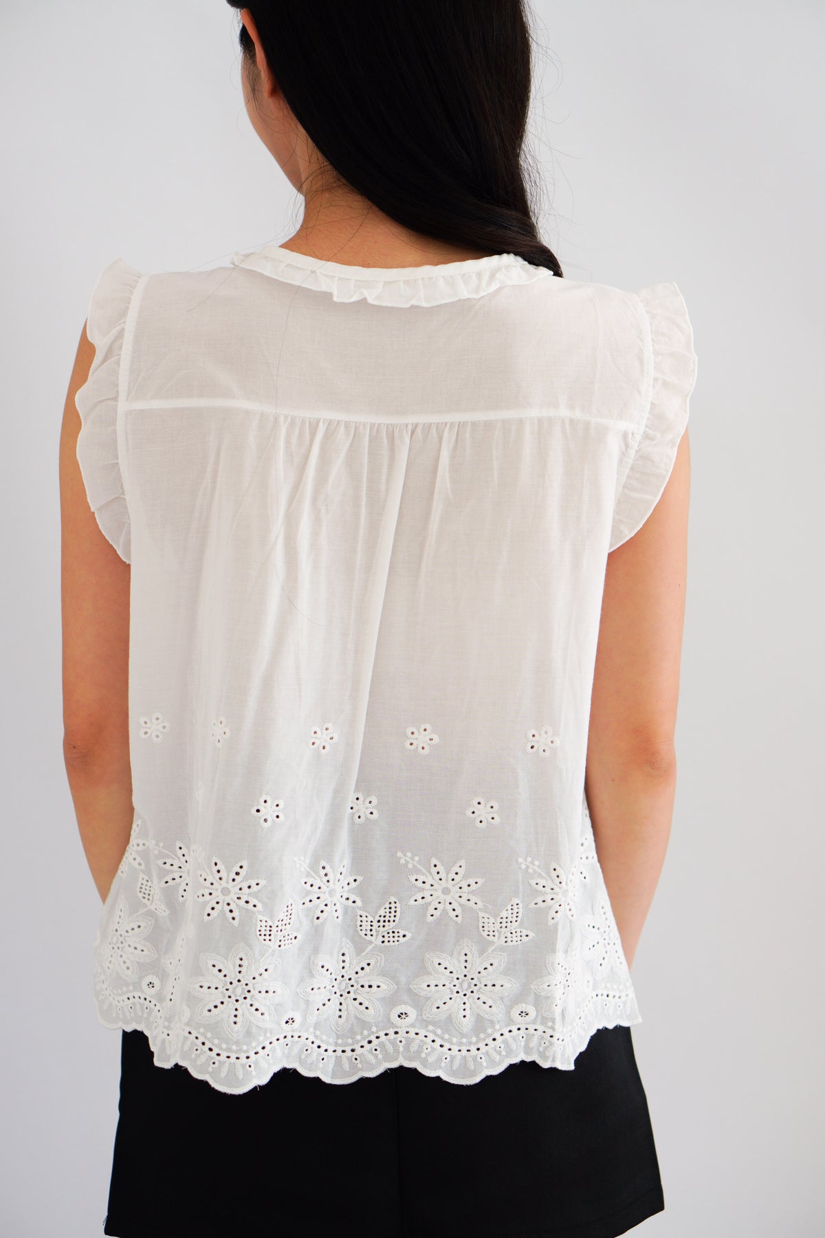 Nerene Ribbon Pleated Eyelet Lace Babydoll Top in White