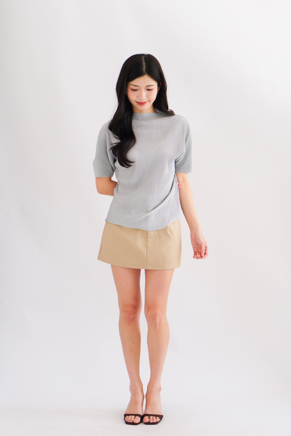 Maureen Pleated High Neck Top in Grey