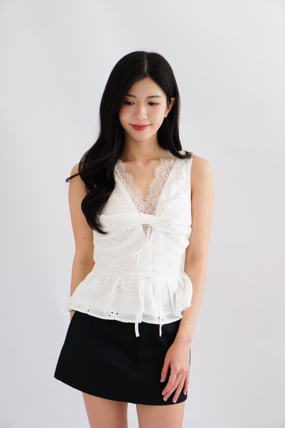Jorie Lace V Neck Peplum Top in White