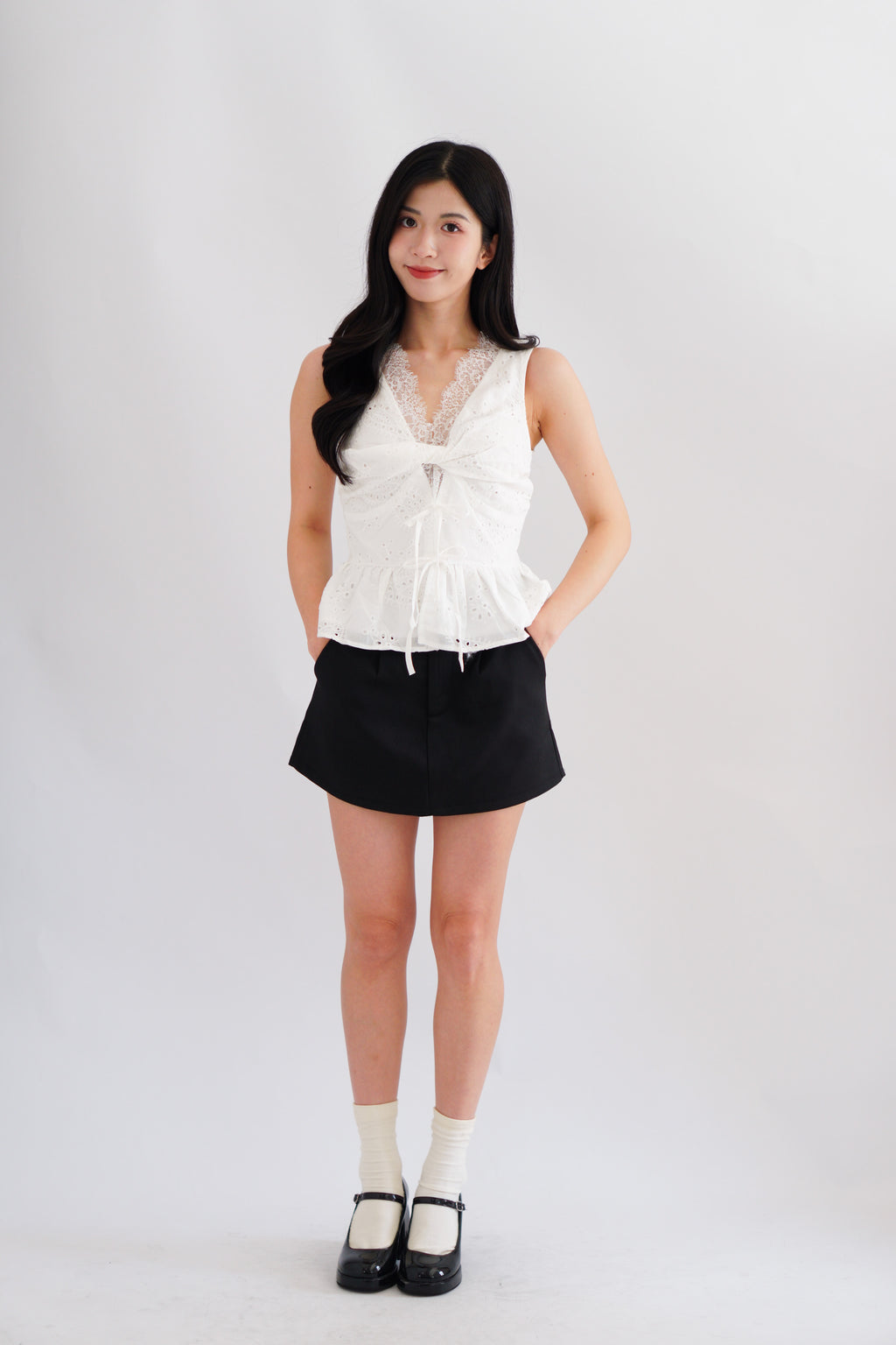 Jorie Lace V Neck Peplum Top in White