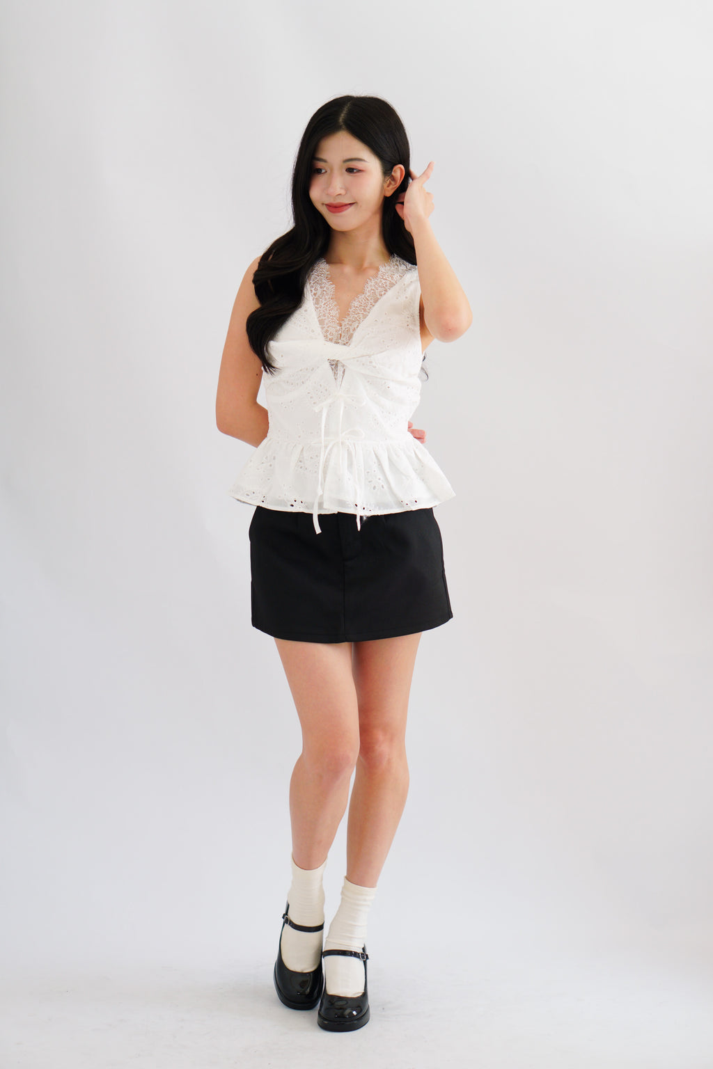 Jorie Lace V Neck Peplum Top in White