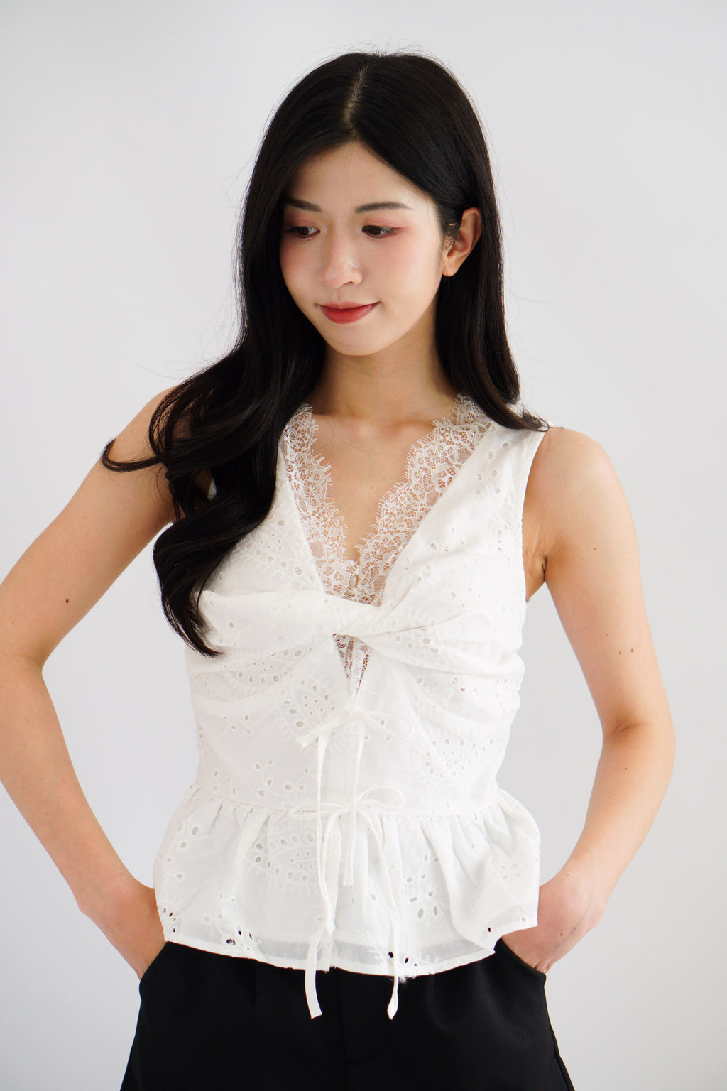 Jorie Lace V Neck Peplum Top in White