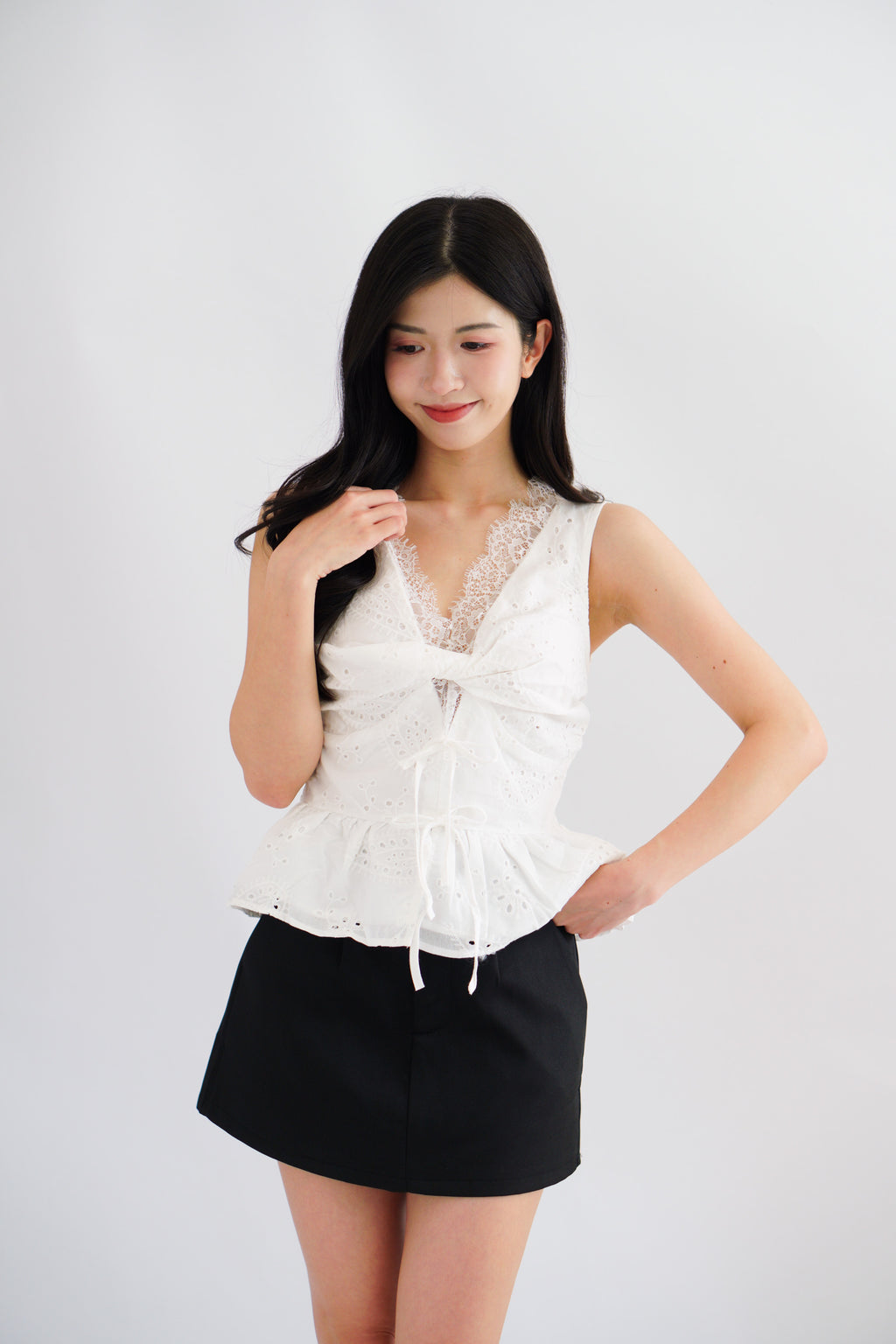 Jorie Lace V Neck Peplum Top in White