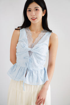 Jorie Lace V Neck Peplum Top in Blue
