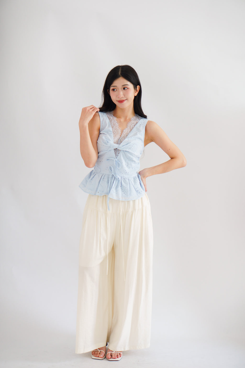 Jorie Lace V Neck Peplum Top in Blue