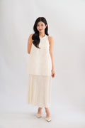 Sanslie Round Neck Maxi 2 Layer Pleated Maxi Dress in Cream