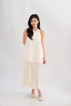 Sanslie Round Neck Maxi 2 Layer Pleated Maxi Dress in Cream