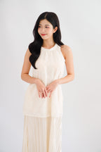 Sanslie Round Neck Maxi 2 Layer Pleated Maxi Dress in Cream
