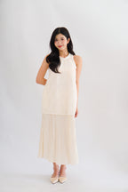 Sanslie Round Neck Maxi 2 Layer Pleated Maxi Dress in Cream