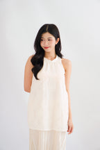 Sanslie Round Neck Maxi 2 Layer Pleated Maxi Dress in Cream