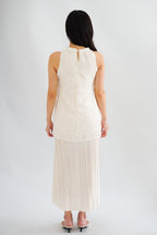 Sanslie Round Neck Maxi 2 Layer Pleated Maxi Dress in Cream