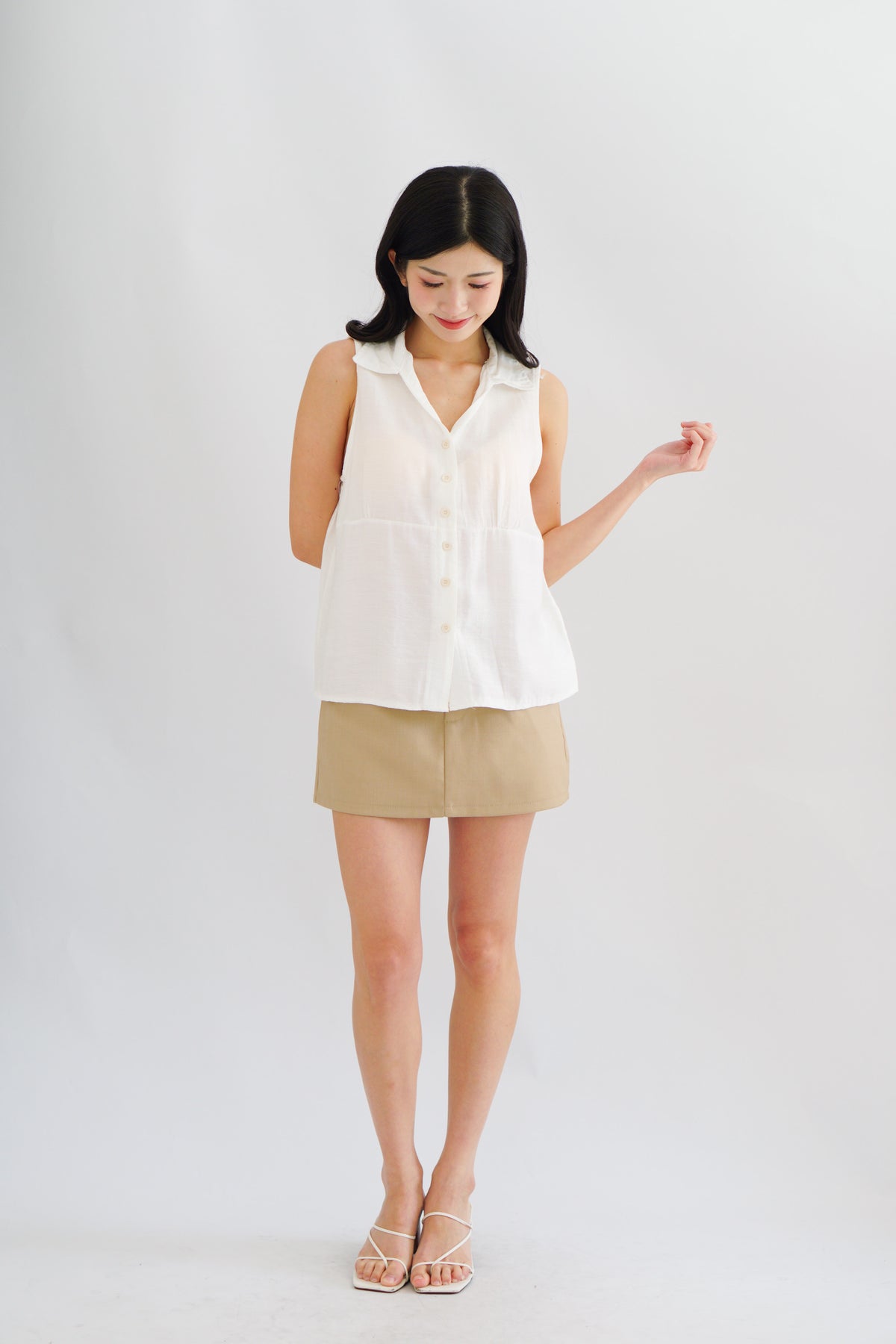 Clea Button Down Collar Sleeveless Top in White